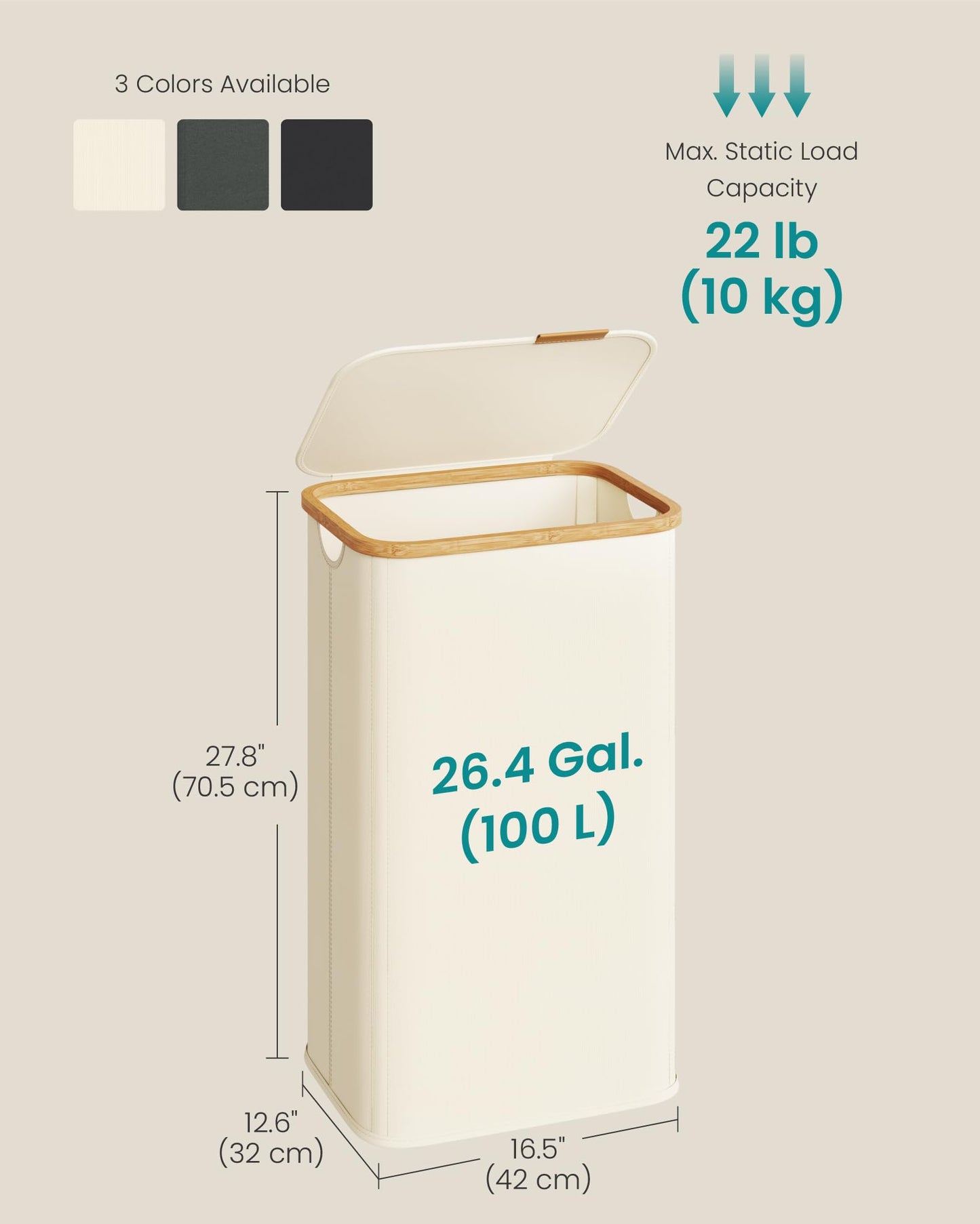 SONGMICS Laundry Hamper, Laundry Basket with Lid, Foldable Storage Basket, Bamboo Frame, for