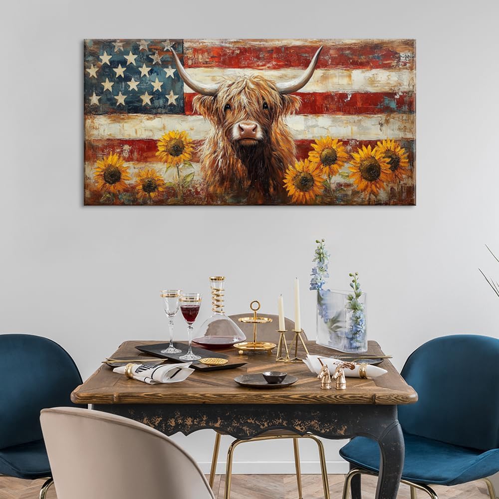LASMOND Country Highland Cow Wall Art for Living Room Rustic Retro Vintage American Flag Sunflower
