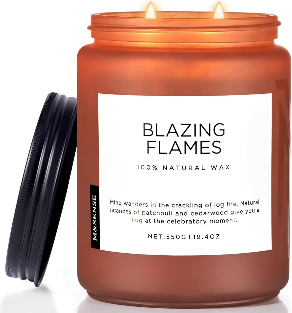 M&SENSE Blazing Flames Scented Candles with Log Fire - Patchouli & Cedarwood, Large Natural Soy