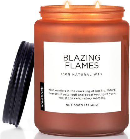 M&SENSE Blazing Flames Scented Candles with Log Fire - Patchouli & Cedarwood, Large Natural Soy
