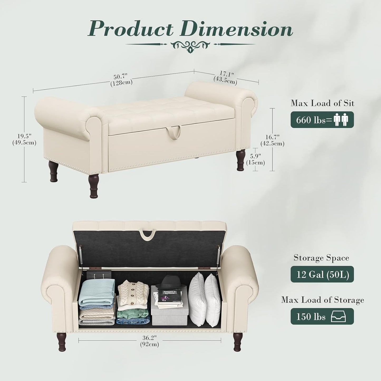 Apicizon 51”Storage Ottoman Bench, Soft Faux Leather Indoor Bench with Rolled Arm and Vintage