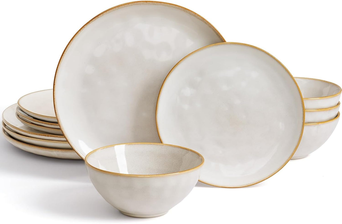 Famiware Dinnerware Sets for 4, Ocean Round 12-Piece Kitchen Plates and Bowls Sets, Reactive Glaze