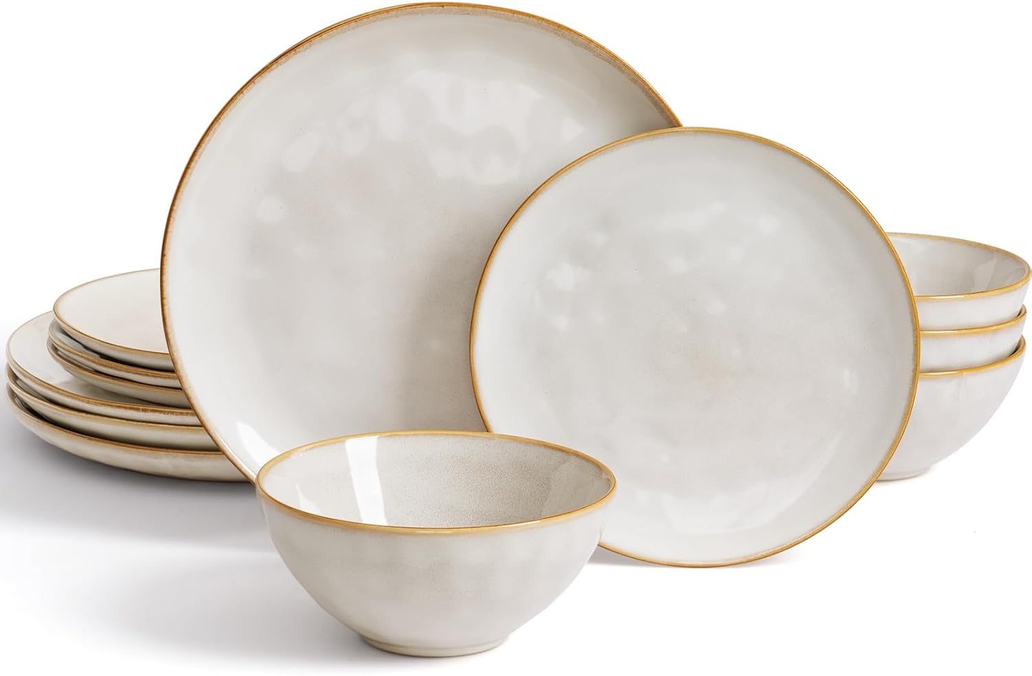 Famiware Dinnerware Sets for 4, Ocean Round 12-Piece Kitchen Plates and Bowls Sets, Reactive Glaze