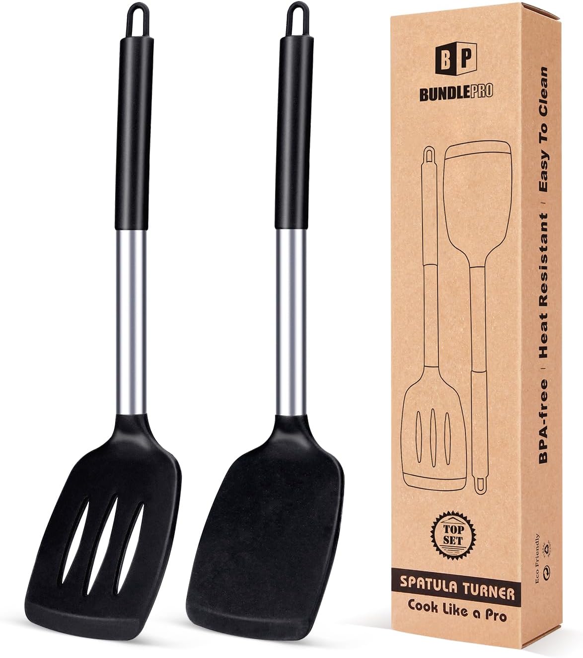 Pack of 2 Silicone Solid Turner, Non Stick Slotted Kitchen Spatulas, High Heat Resistant BPA Free