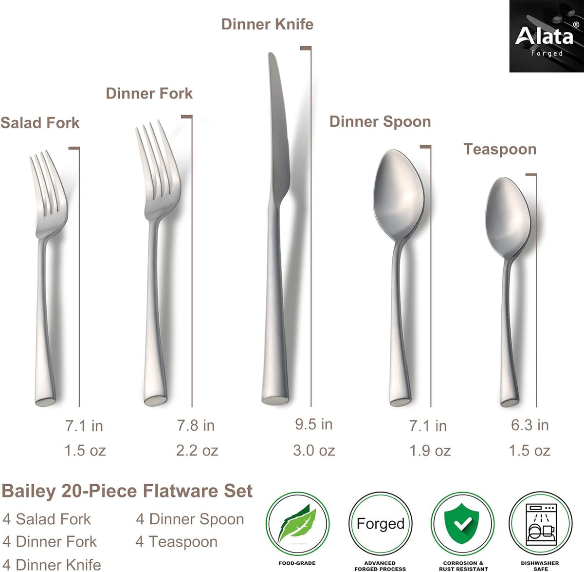 Alata Bailey 20-Piece Forged Stainless Steel Flatware Set Cutlery Set,Service for 4,Matte Satin