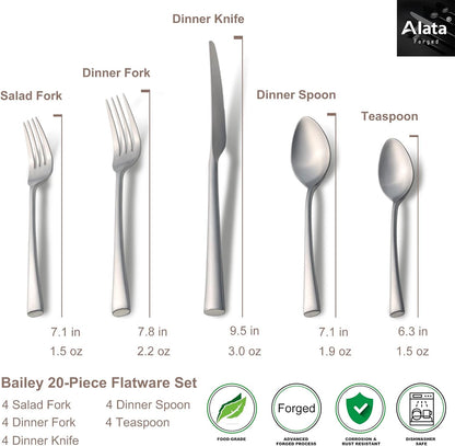 Alata Bailey 20-Piece Forged Stainless Steel Flatware Set Cutlery Set,Service for 4,Matte Satin