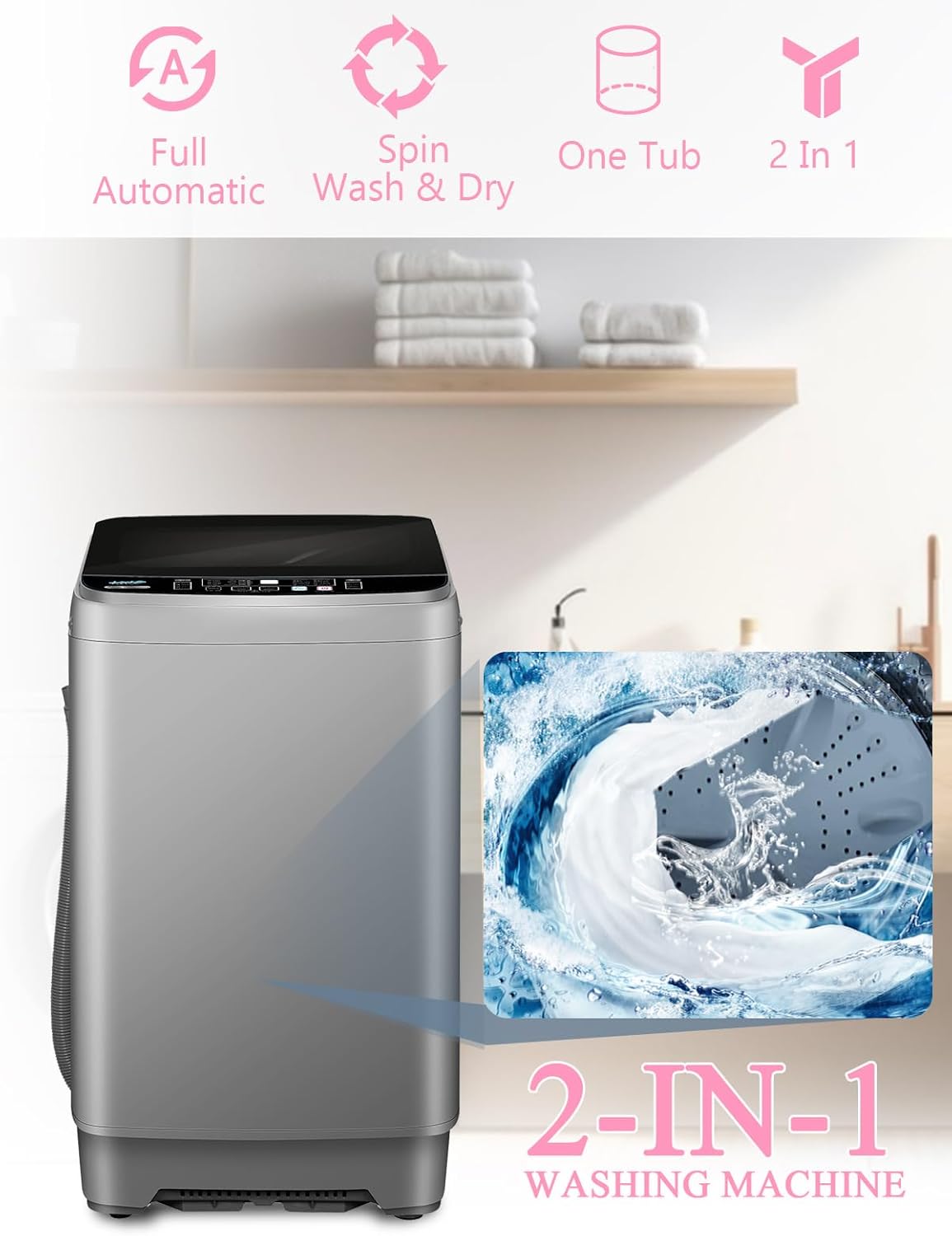 Full Automatic Washing Machine with LED Display, 25 lbs Portable Washer Drain Pump, 10 Programs & 8