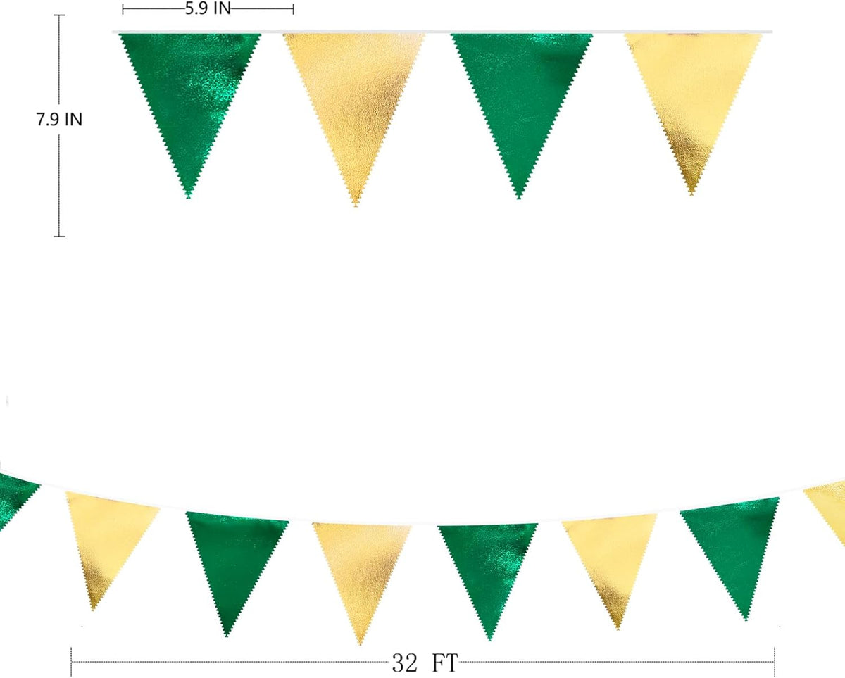 Green Gold Party Decorations Metallic Fabric Triangle Pennant Banner Flag Bunting Garland for
