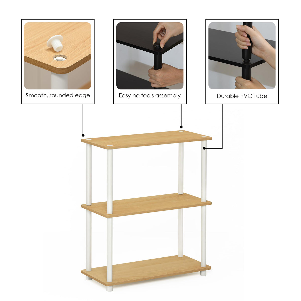 Furinno TURN-N-TUBE Storage Shelves, 3-Tier Book Shelf, Corner Shelf, Toolless Open Shelves, for