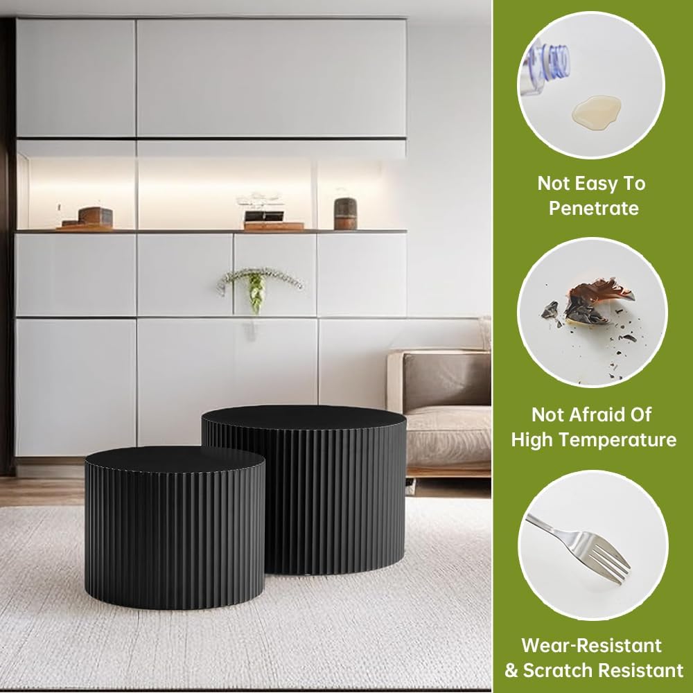 Round Nesting Coffee Table Modern Black Fluted Coffee Table Set of 2 Stripe Round Coffee Tables