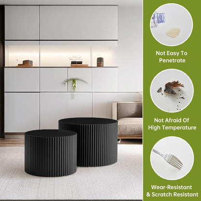 Round Nesting Coffee Table Modern Black Fluted Coffee Table Set of 2 Stripe Round Coffee Tables