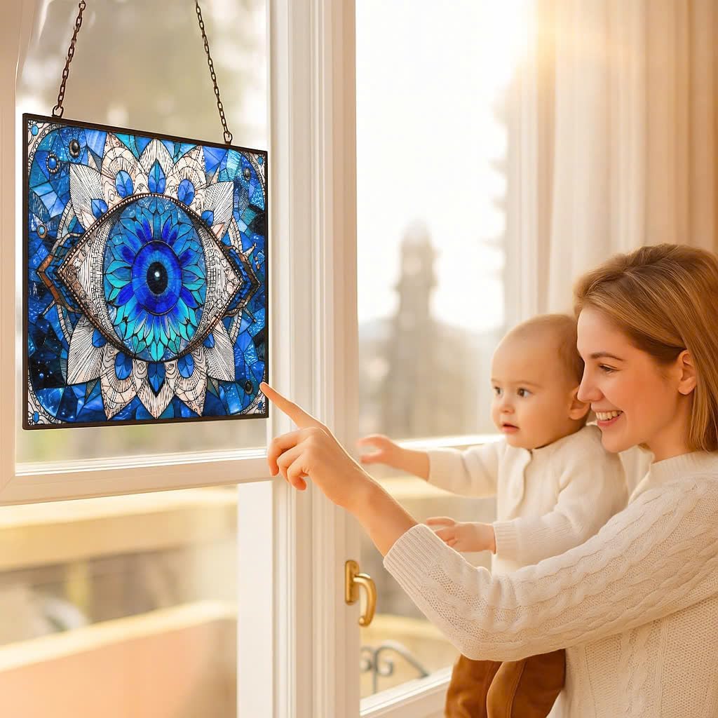 Rectangle Evil Eye Suncatcher Indoor/Outdoor Stained Glass Window Hanging Handmade Suncatchers Home