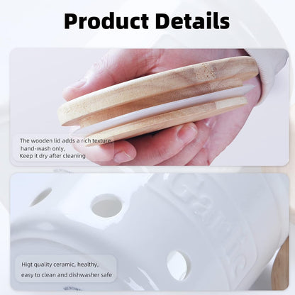 Large Garlic Keeper with Wooden Lid, Ceramic Garlic Holder Storage, Garlic Container for Kitchen