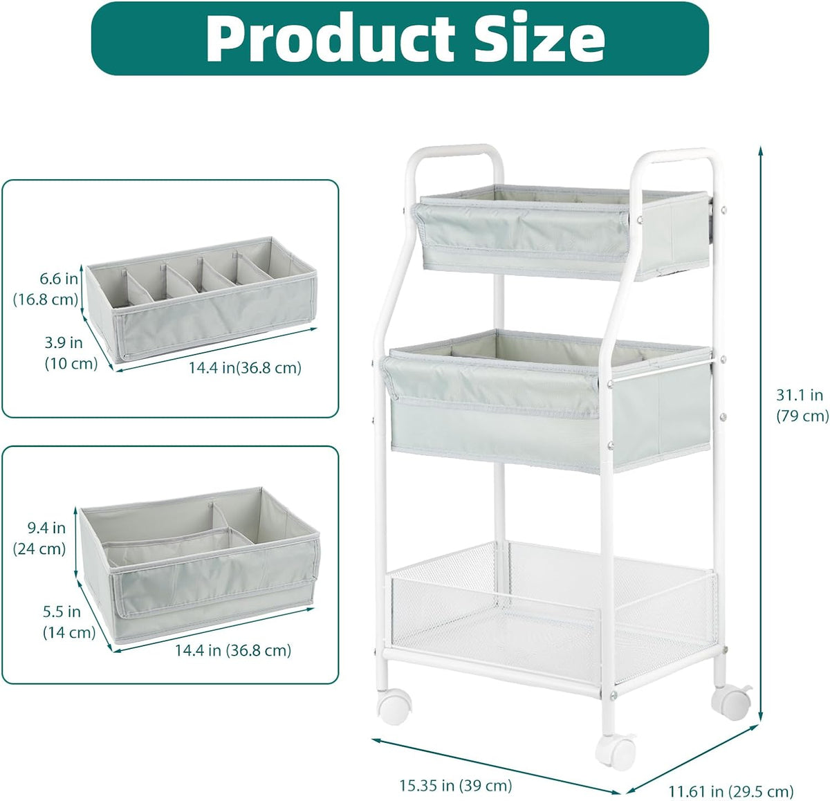 Moteph Rolling Utility Cart with Wheels - Baby Organizers for Nursery Essentials, Diaper Organizer