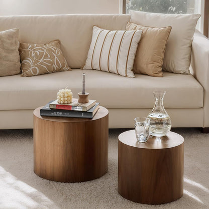 Nesting Coffee Table Set of 2, Modern Round Coffee Table with Non-Slip Feet, Walnut Wooden Circle