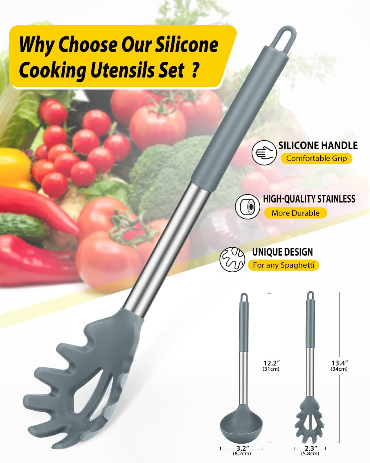 Silicone Pasta Fork and Ladle Spoon Set, Large Non Stick Kitchen Utensils for