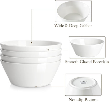 MALACASA Large Salad & Soup Bowls - Set of 4, 60 OZ Porcelain White Bowls for Ramen, Pasta, Pho