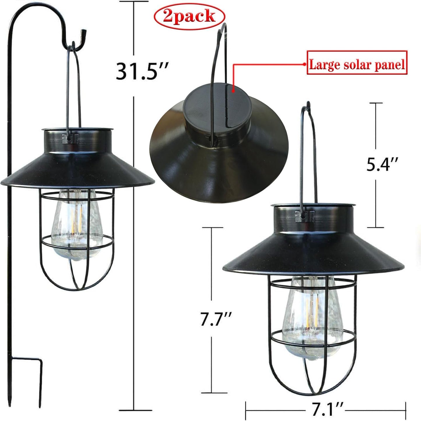 Solar Lantern 2pack Outdoor Hanging Light- Waterproof Vintage Metal Light with Shepherd Hook