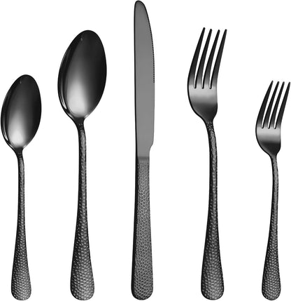 20 Pcs Black Silverware Set for 4 with Hammered Design, Food Grade Stainless Steel Flatware Set
