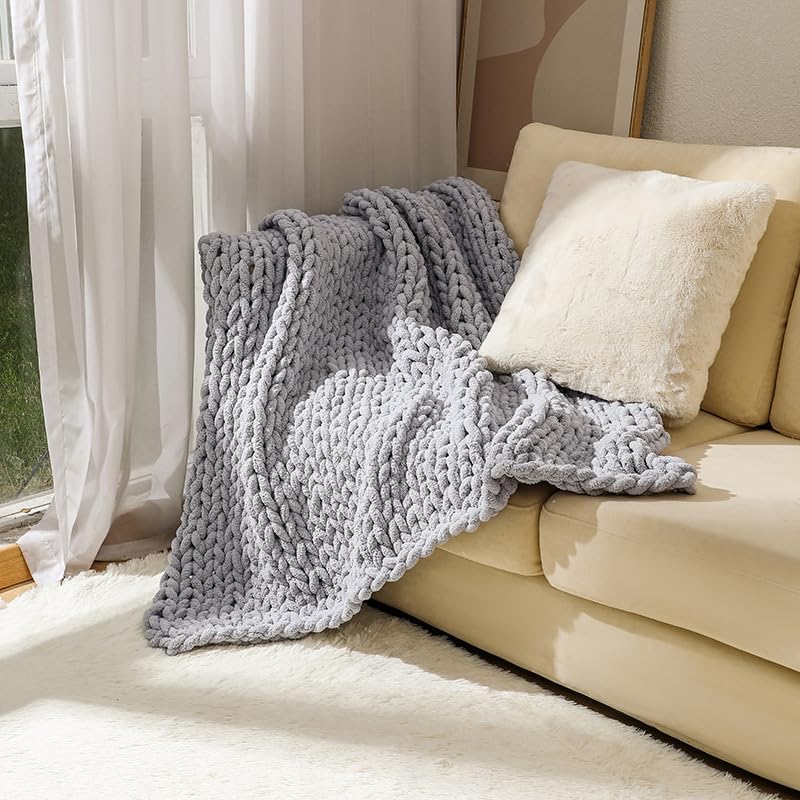 Chunky Knit Blanket Throw 40"×40", Hand Knitted Warm Chenille Throw Blanket, Home Decor Soft Thick
