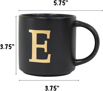 COLLECTIVE HOME - Monogram Ceramic Mugs, 15 oz Golden Initial Black Coffee Cups, Elegant Alphabet