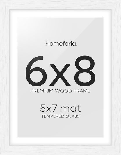 Homeforia 6x8 Picture Frame White, High End Oak 8x6 Wooden Frames with Mat 7x5 Print, 6 x 8 White