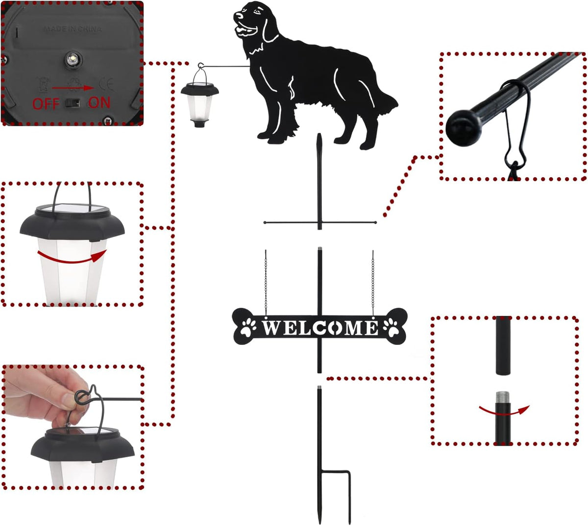 BAYN Solar Golden Retriever Garden Stakes Decorative with a Lantern Dog Silhouette Welcome Sign