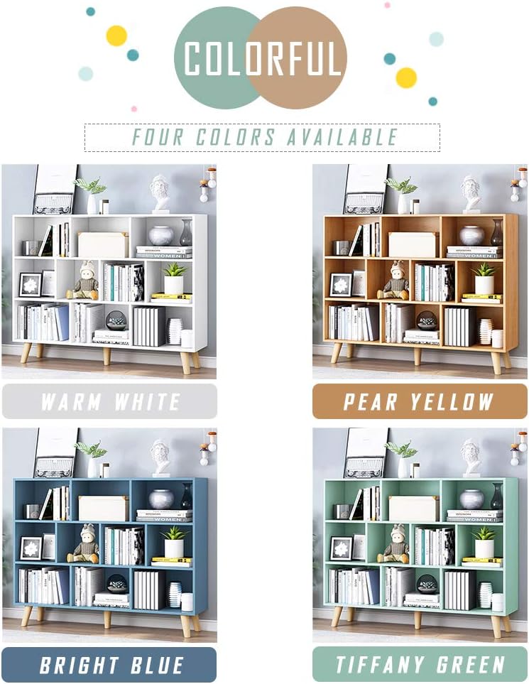 IOTXY Wooden Open Shelf Bookcase - 3-Tier Floor Standing Display Cabinet Rack with Legs, 10 Cubes