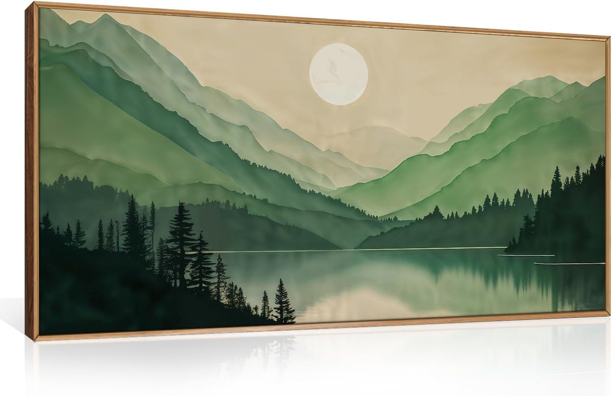 Celestdeco Watercolor Mountain Framed Canvas Wall Art Set, Boho Sun Forest Wall Decor, Green