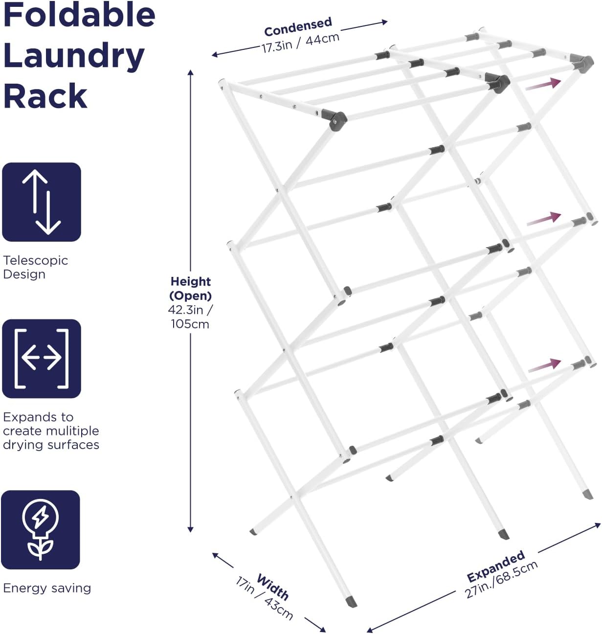 BLACK+DECKER 3 Tier Expandable Collapsing Foldable Laundry Rack for Air Drying Clothing, Space