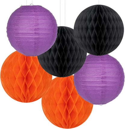 Black Orange Purple Halloween Party-Decorations - 14pcs Kits Paper Lanterns Fan,Tissue Flower Pom
