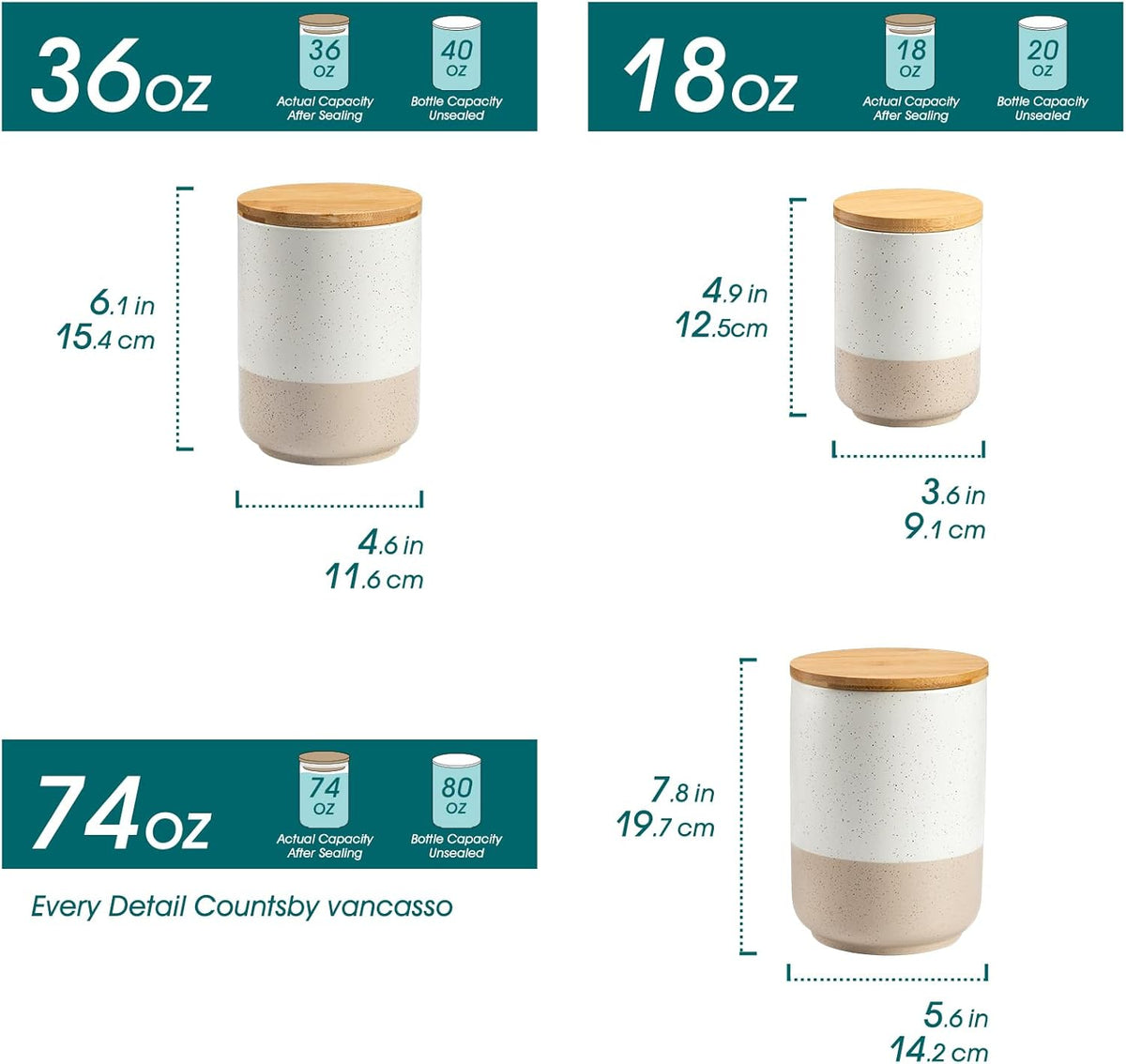 vancasso Sabine Ceramic Canister Set with Airtight Wood Lids - 3-Piece Kitchen Storage for Flour