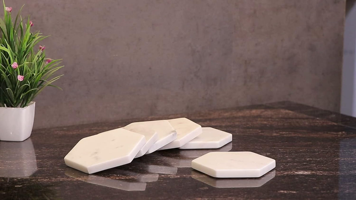 Set of 6 Hexagon Marble Coasters | White Decor for Modern Homes | Drink Coasters for Coffee Table