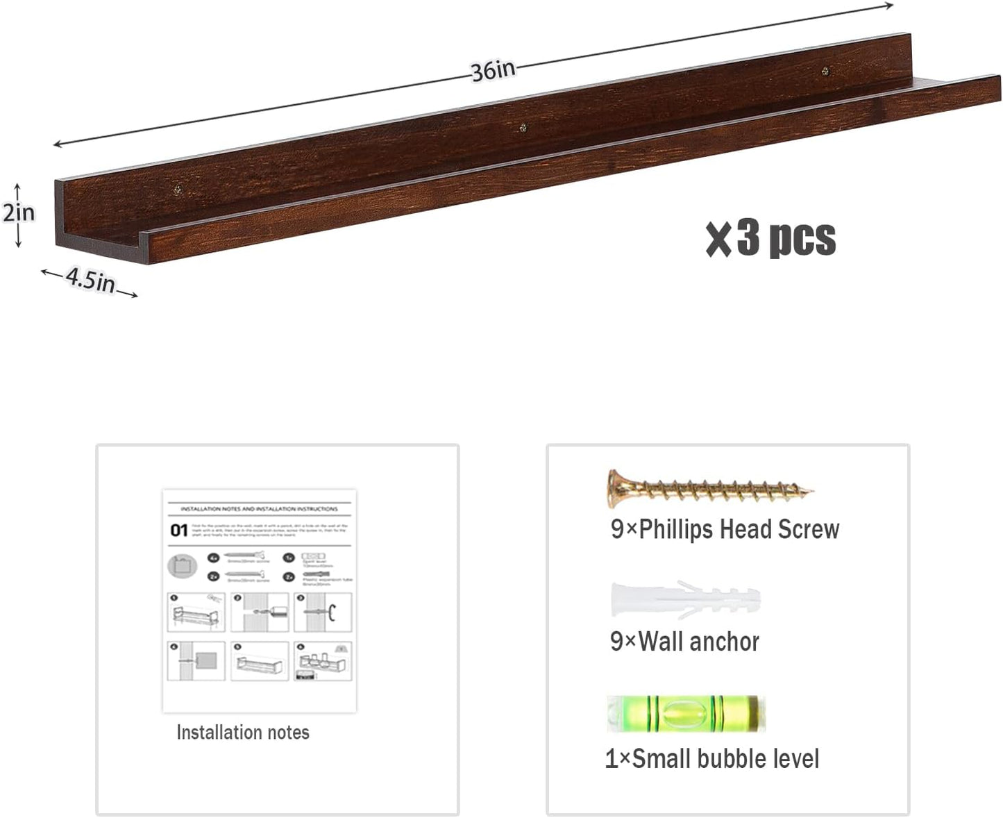 AZSKY Floating Shelves Wall Mount Deep Walnut for Wall Storage 36 Inch Rustic Picture Photo Ledge