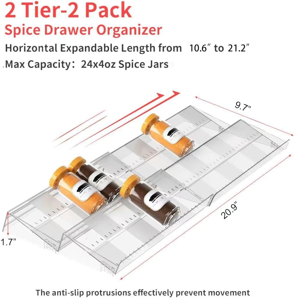 2-Tier Non-Slip Spice Drawer Organizer, 2-Pack Checkered Frosted Clear Acrylic, Expandable