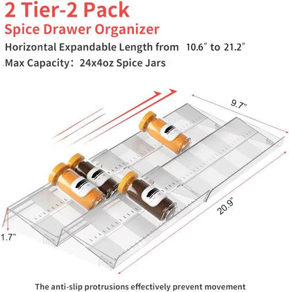 2-Tier Non-Slip Spice Drawer Organizer, 2-Pack Checkered Frosted Clear Acrylic, Expandable