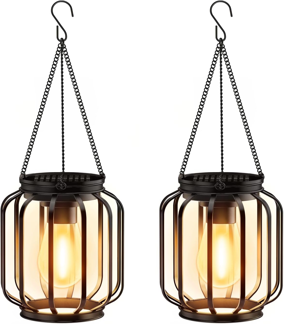 Solar Hanging Lanterns Outdoor: 2 Pack Metal Solar Hanging Lights with Hook, Bright - Warm