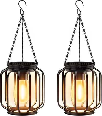 Solar Hanging Lanterns Outdoor: 2 Pack Metal Solar Hanging Lights with Hook, Bright - Warm