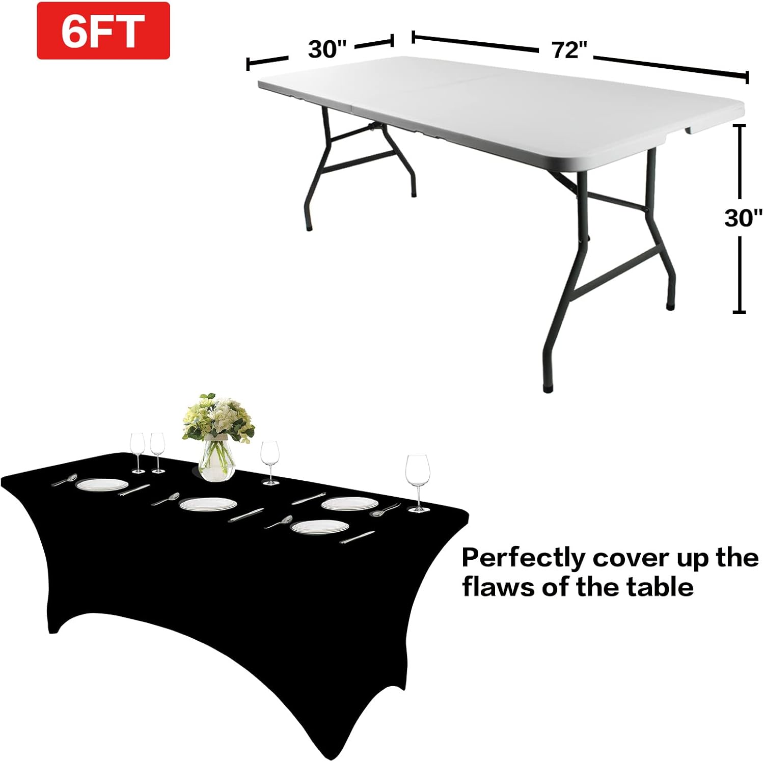 IVAPUPU 6FT Spring Table Cloth for Rectangular Fitted Events Stretch Black Table Covers Washable