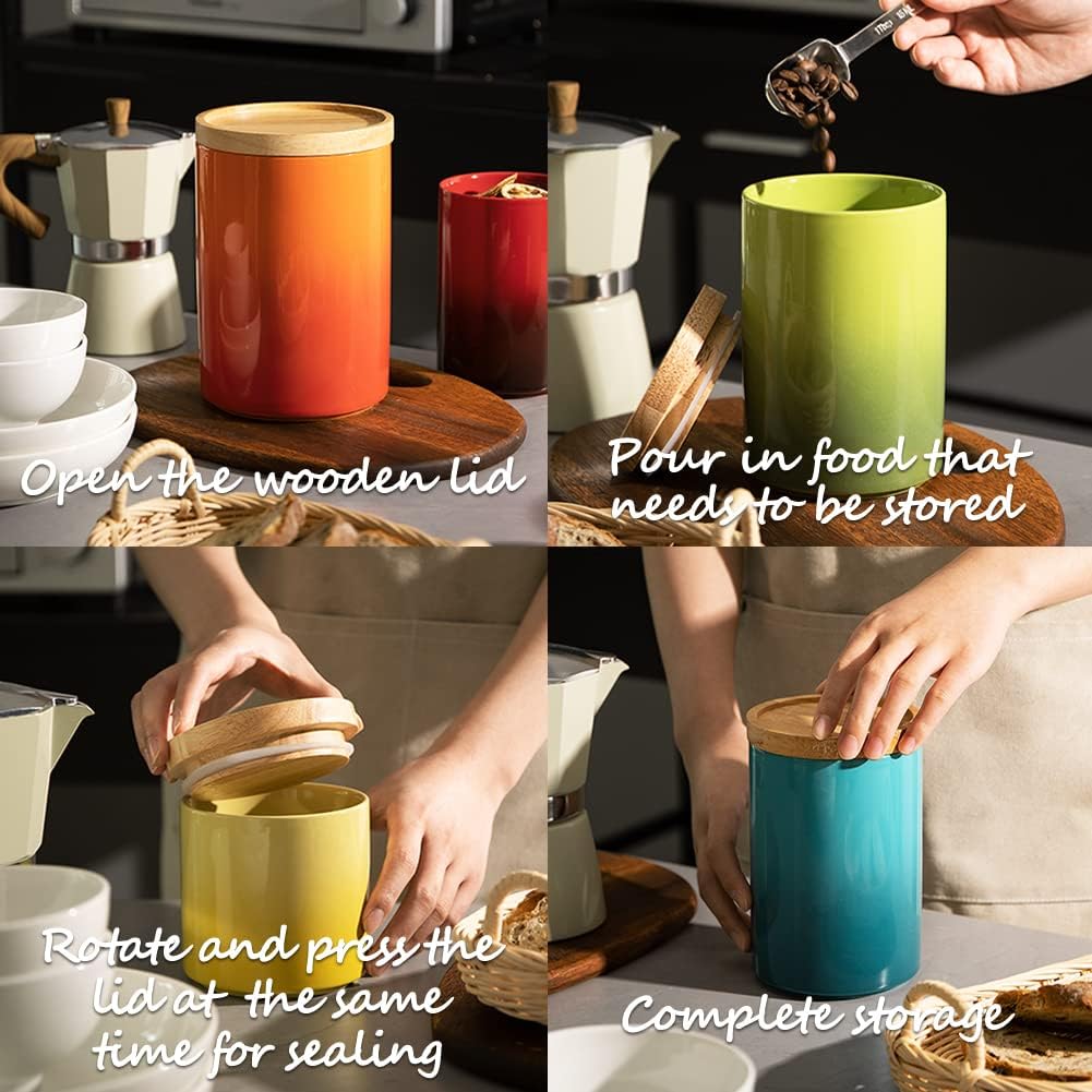 Sweejar Ceramic Food Storage Jar, Stackable Kitchen Canisters, Containers with Airtight Seal Wooden