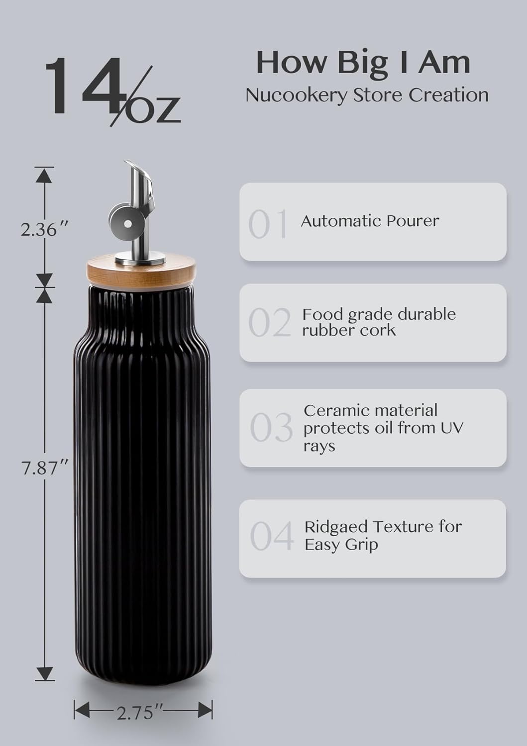 Nucookery Ceramic Olive Oil Dispenser Bottle for Kitchen, 14 oz Opaque Vinegar Dispenser Bottle