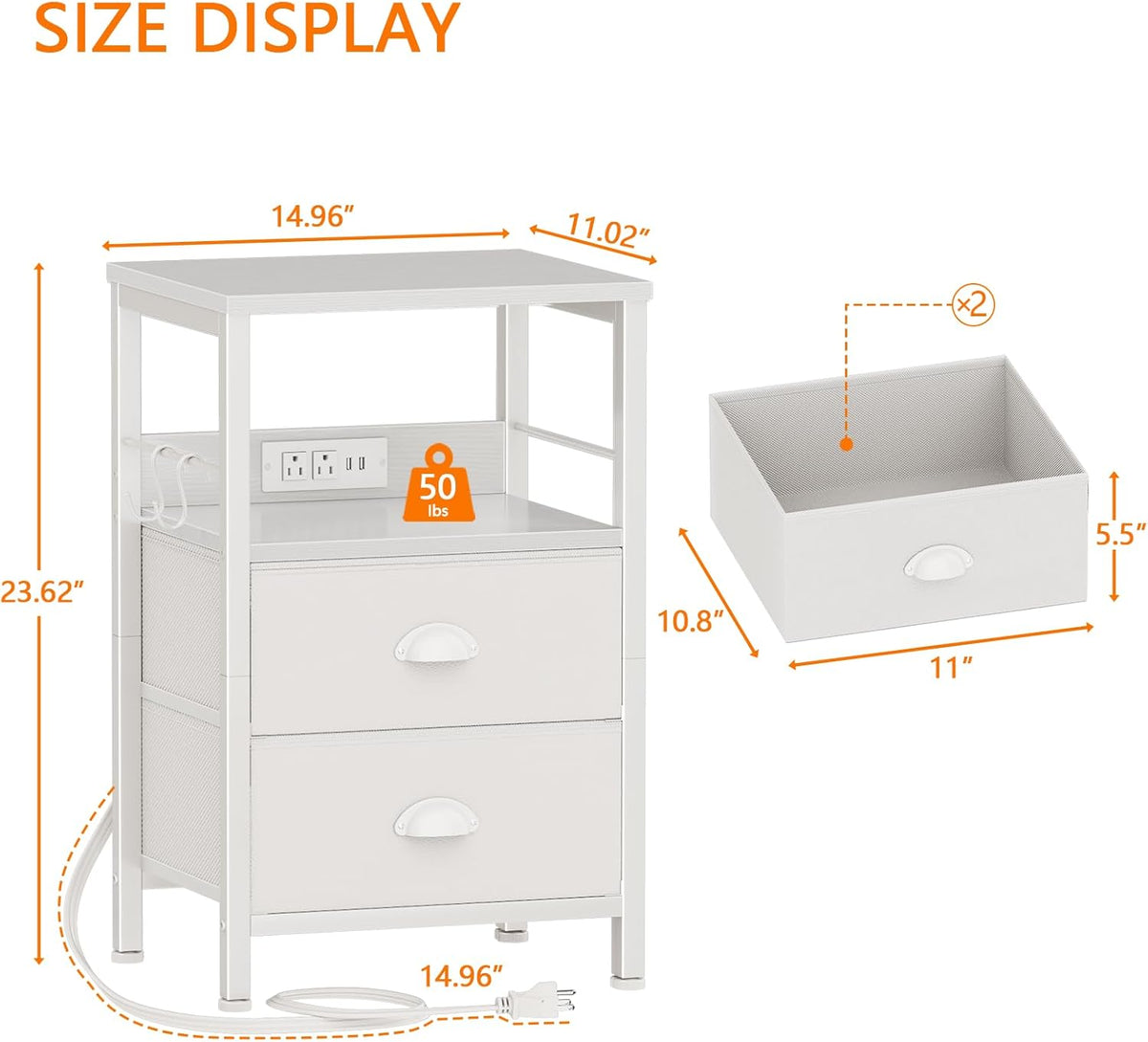 Furologee End Table with Charging Station, Nightstand with Fabric Drawers, Side Tables with USB