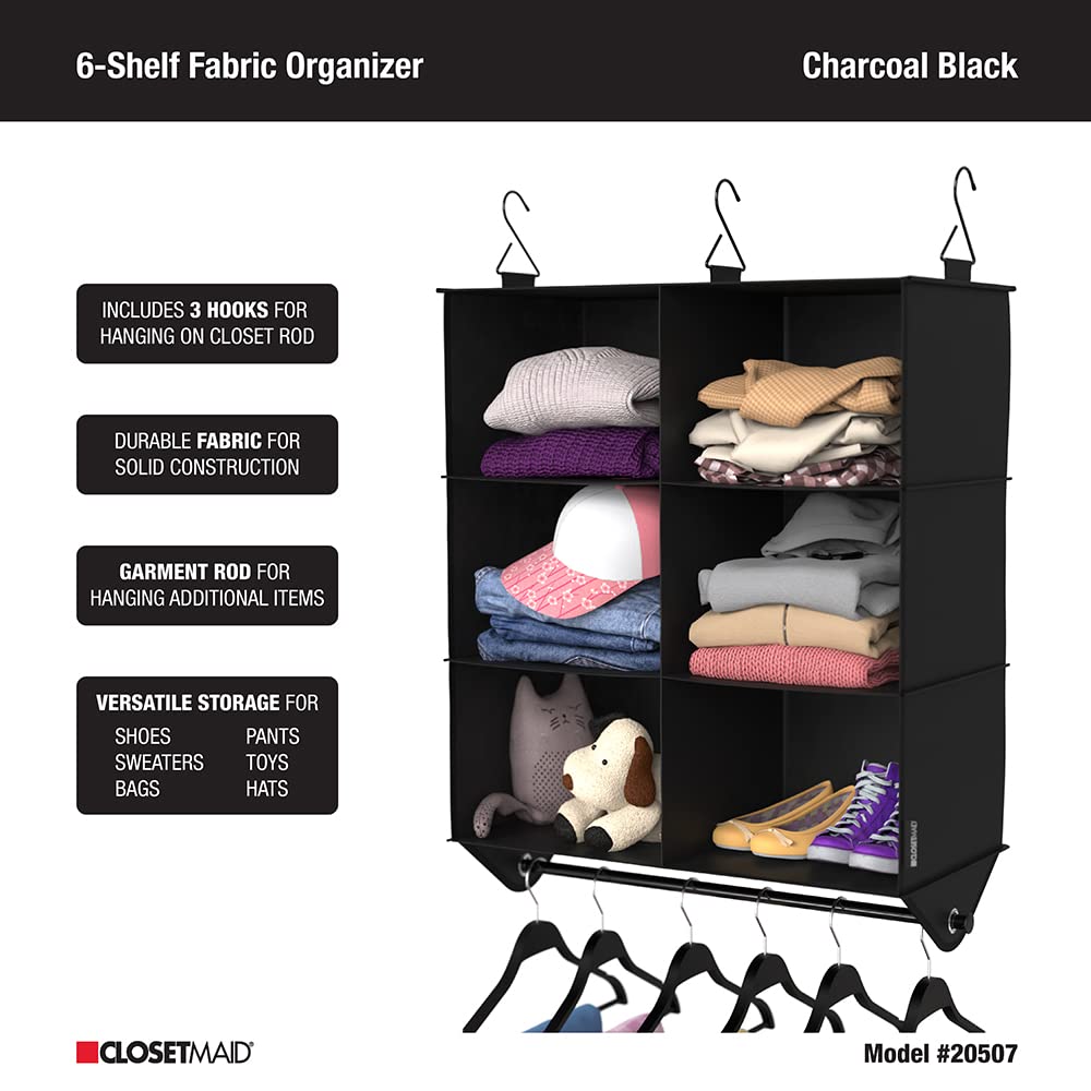 ClosetMaid 6-Shelf Fabric Hanging Closet Organizer with Garment Rod for Shirts, Sweaters, Pants