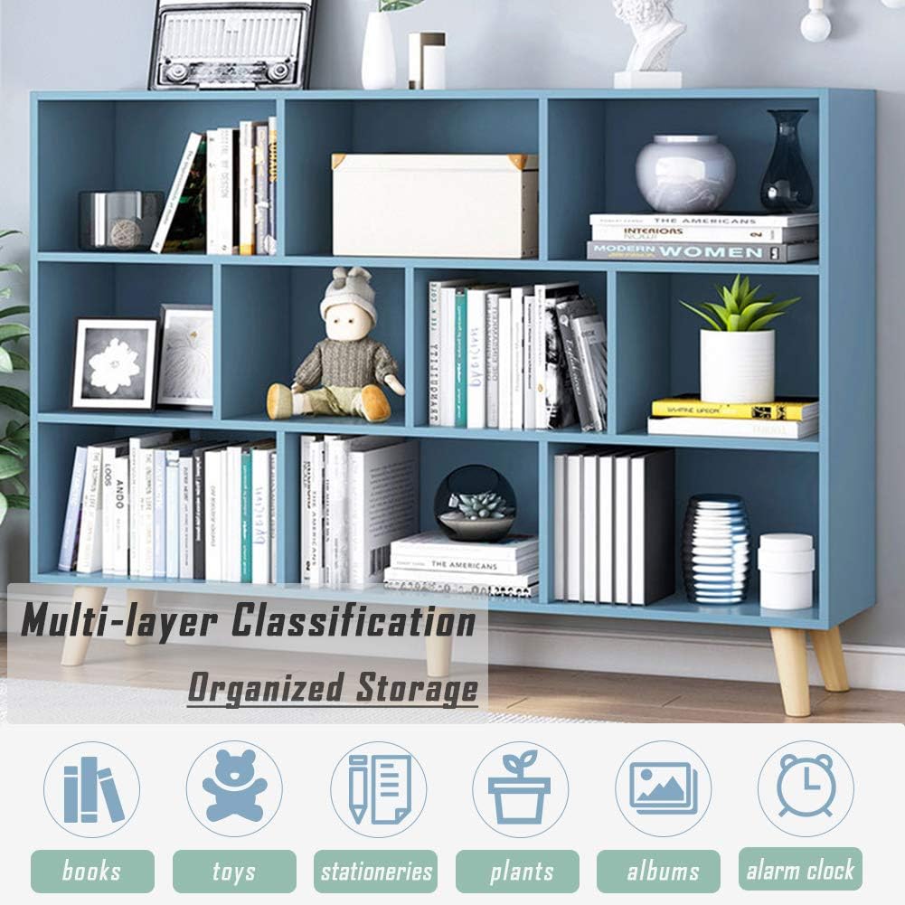 IOTXY Wooden Open Shelf Bookcase - 3-Tier Floor Standing Display Cabinet Rack with Legs, 10 Cubes