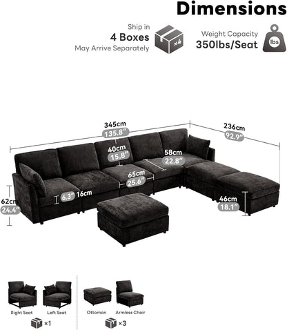 Tbfit L Shaped Couch 8 Seat, Sectional Sofa for Living Room,Chenille Cloud Couch with Ottoman, Black