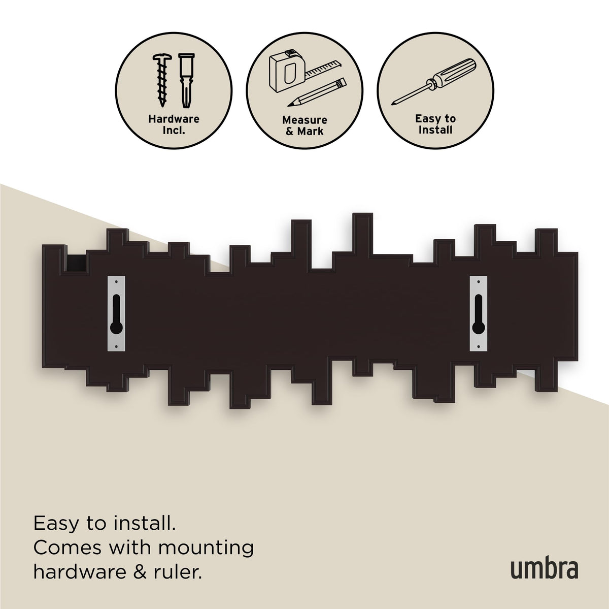 Umbra Sticks Wall Mount Coat Rack, 5 Hook Retractable Pegs, Espresso