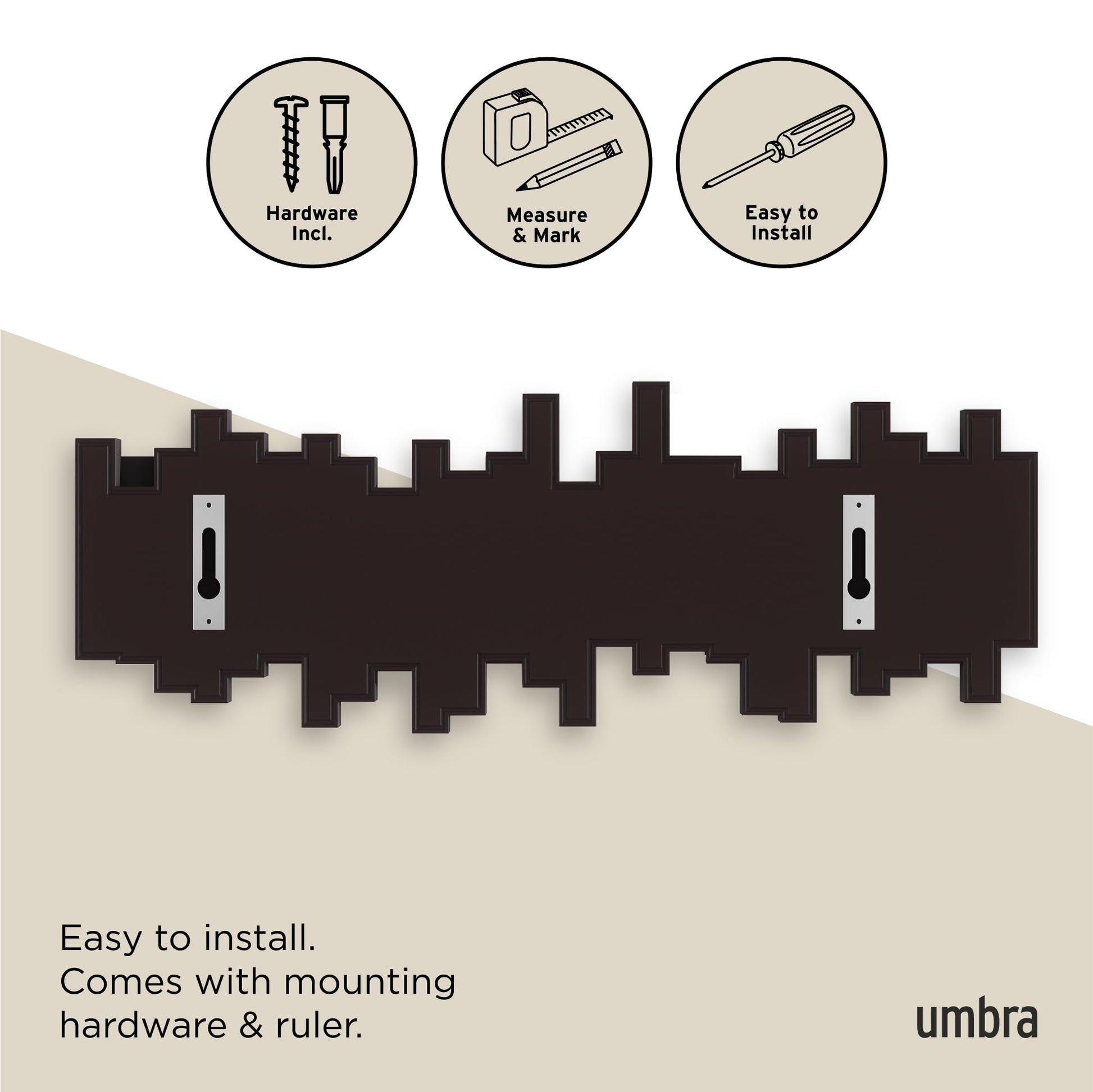 Umbra Sticks Wall Mount Coat Rack, 5 Hook Retractable Pegs, Espresso