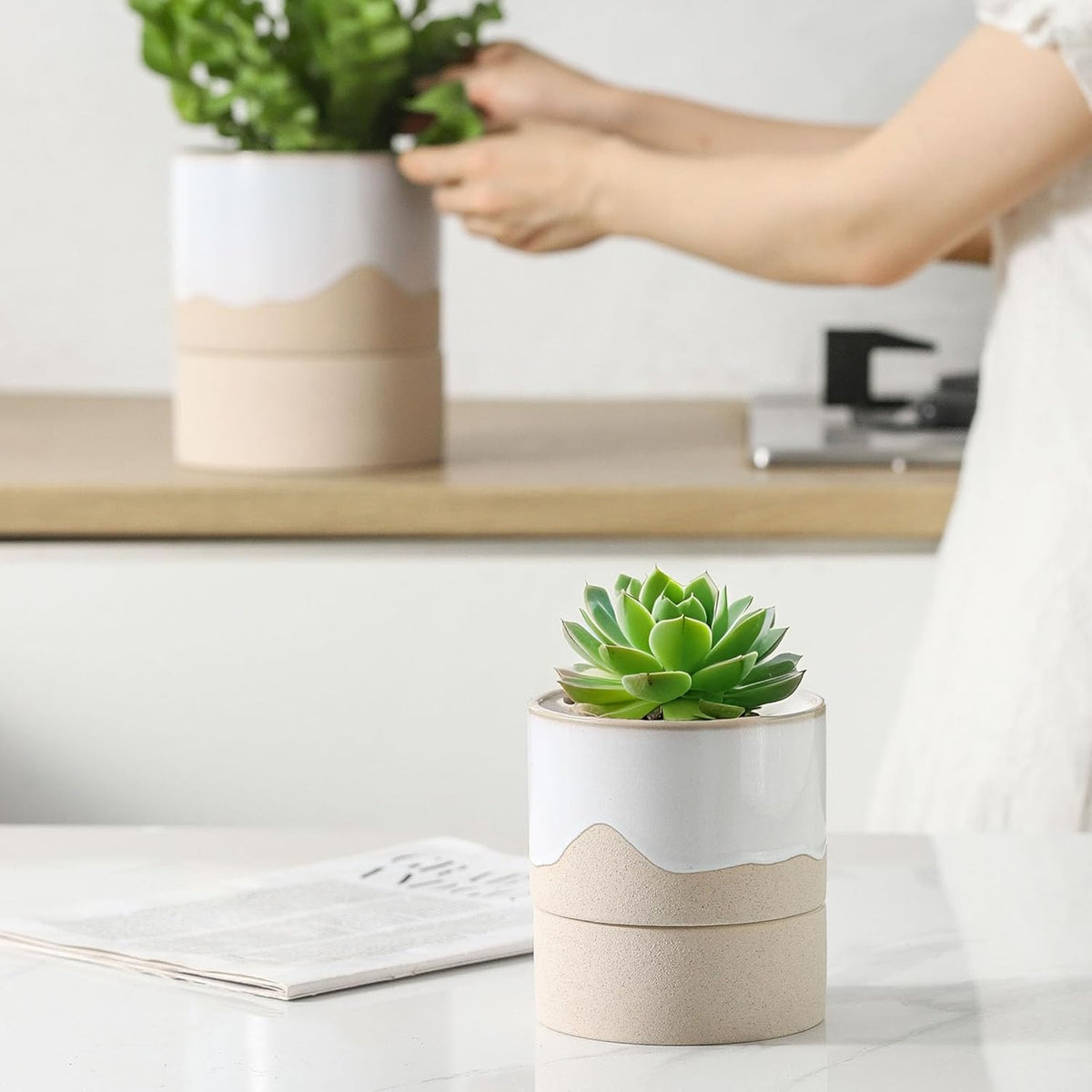 Nihow Self Watering Plant Pot: 4.5 Inch Ceramic Planter with Drainage Hole & Water Storage Plus for
