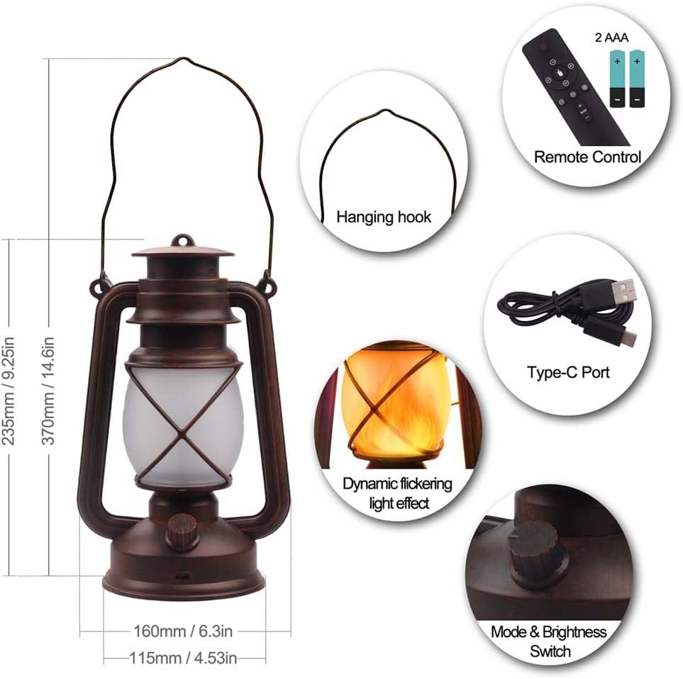 Lantern LED Battery Powered Camping Lamp Outdoor Hanging Lantern Flickering Flame Rechargeable