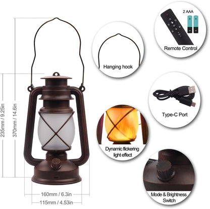 Lantern LED Battery Powered Camping Lamp Outdoor Hanging Lantern Flickering Flame Rechargeable